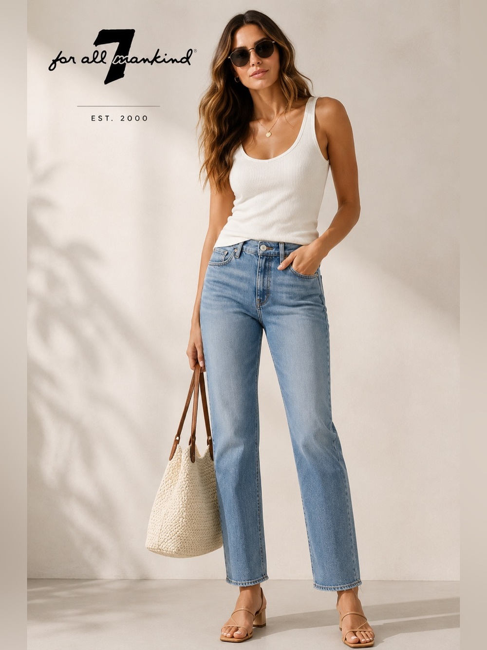 NWT 7 For All Mankind Size 26 Mid Rise Straight Leg Jeans Light Wash Premium